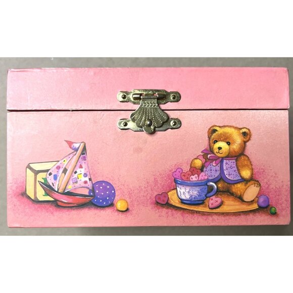 Vintage Pink Teddy Bear Musical Jewelry Box With Mirror & Rotating Bear Figurine - Picture 2 of 5